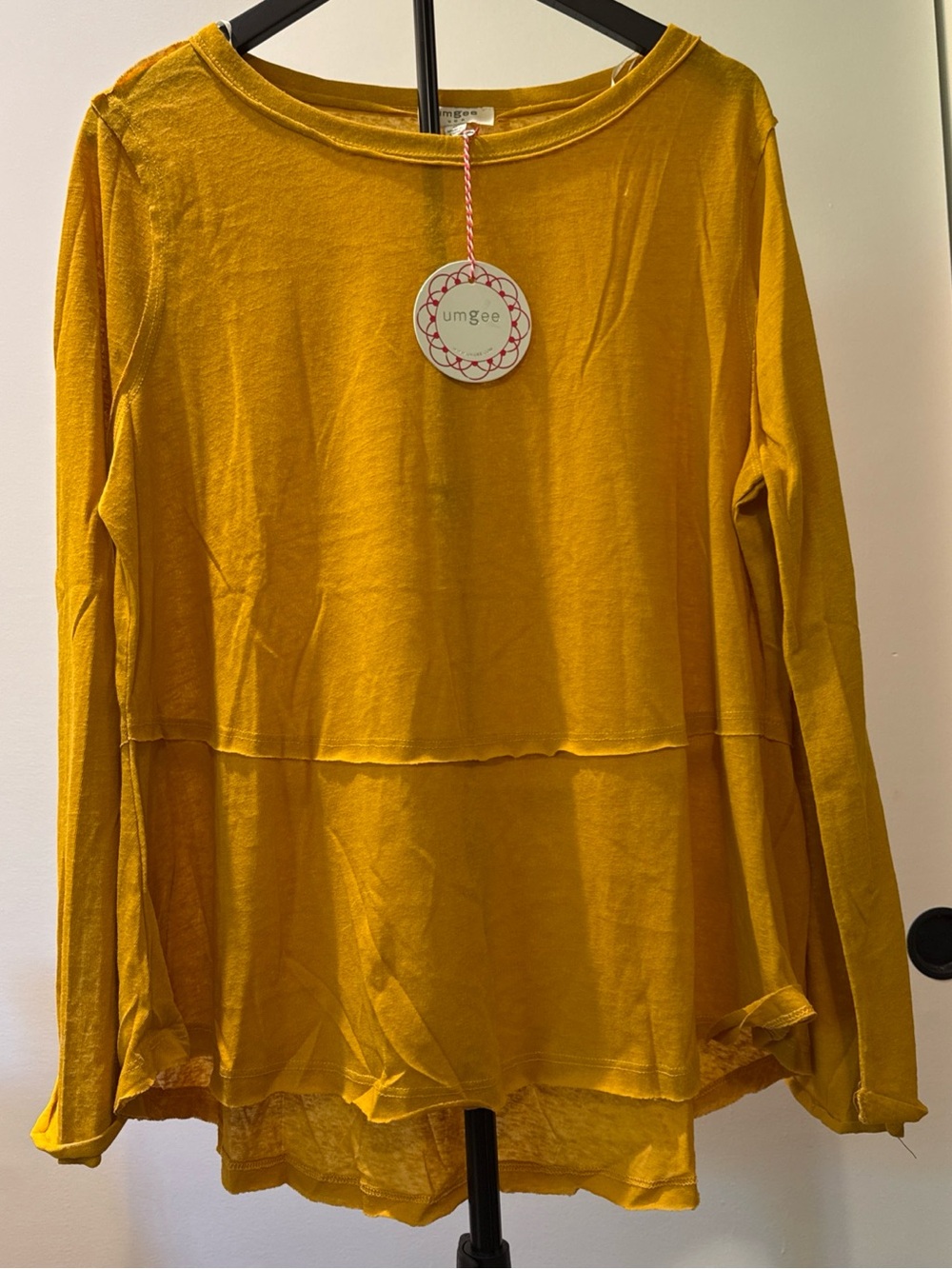 UMGEE Mustard Yellow Raw Edge Peplum Long Sleeve Top Size M Oversized NWT